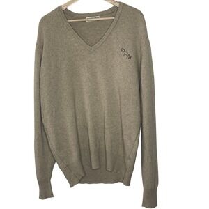 Mens V Neck 100‎ Percent 3 Ply Cashmere Sweater PFM Monogram Tan XL Made in USA